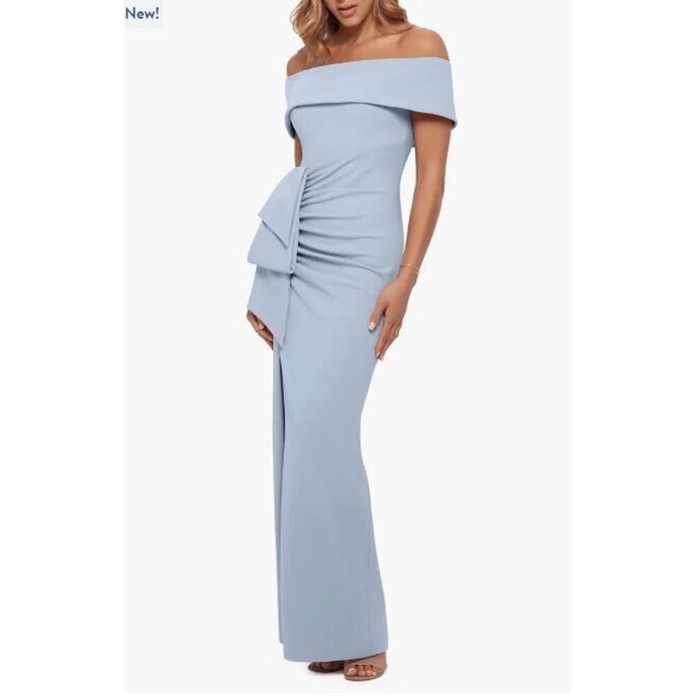 Xscape Women's Off-the-Shoulder Crepe Gown, Sky Blue Size 12